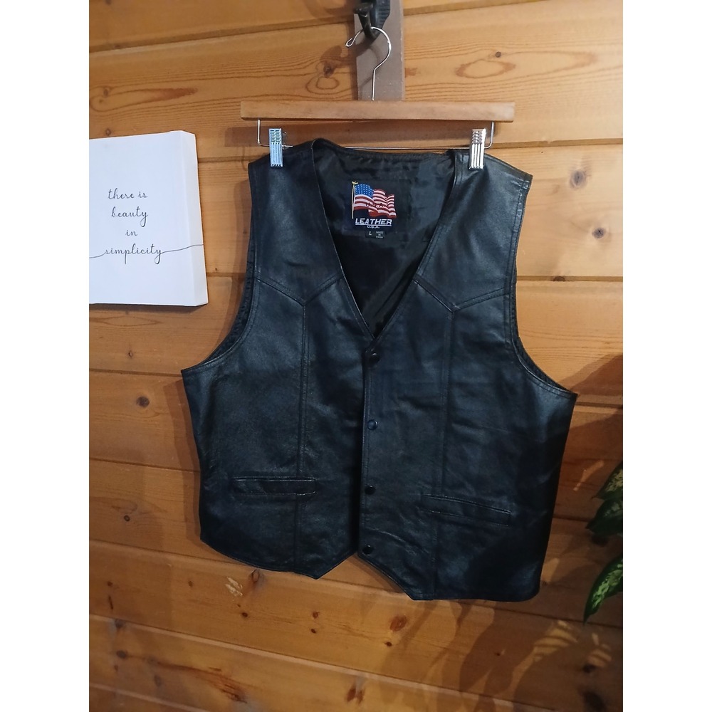 USA LEATHER United States‎ Army Military Genuine Leather Vest Black Snap Men L
